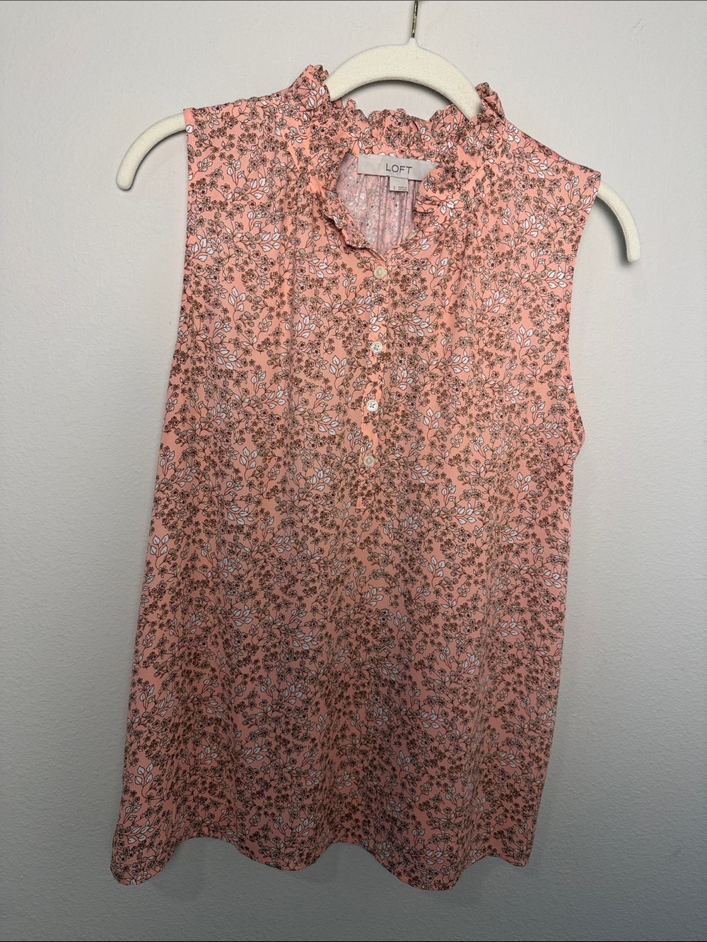 LOFT Pink Floral Ruffle Mock Neck Sleeveless Top